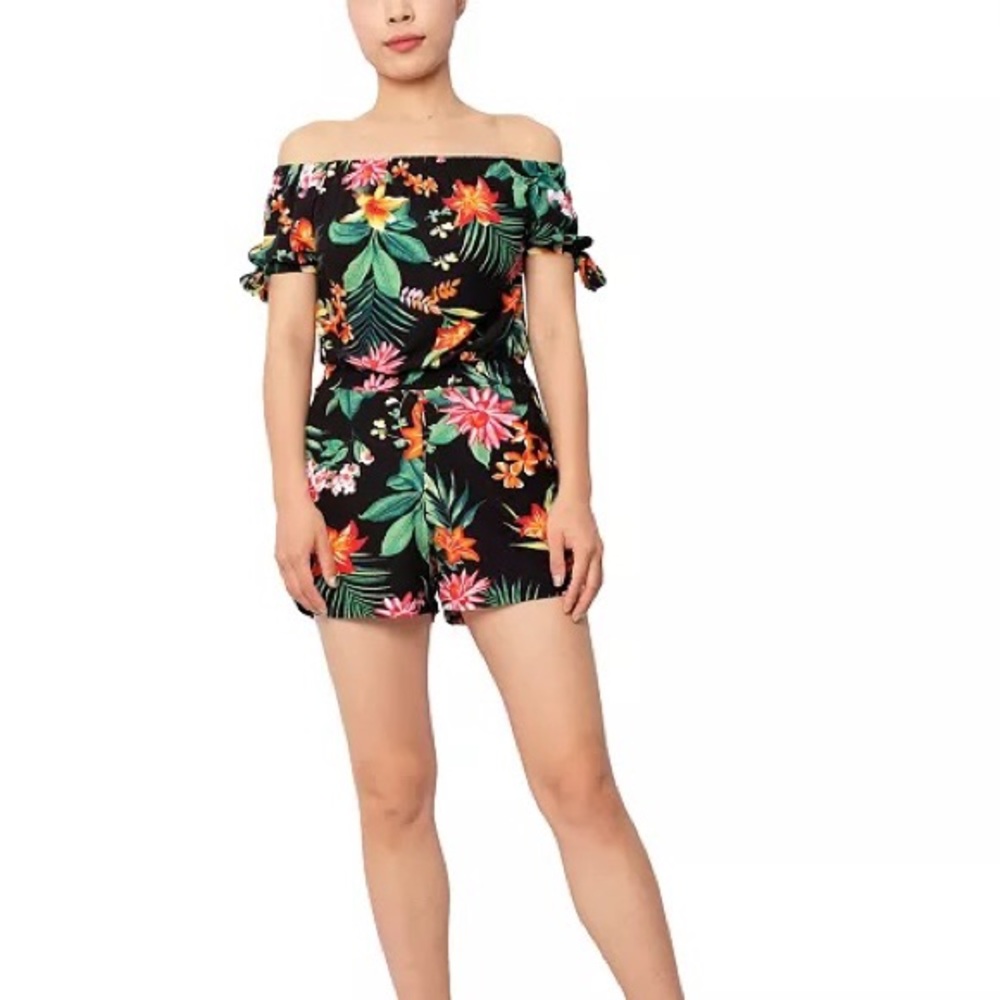 Floral short sleeve romper with cutouts on sleeves